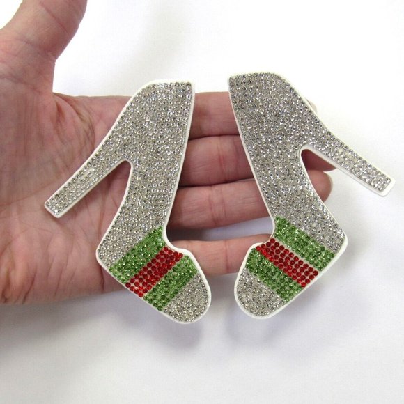 Large White, Red & Green Bling High Heel Shoe Sparkle Rhinestone Earrings - Picture 3 of 4